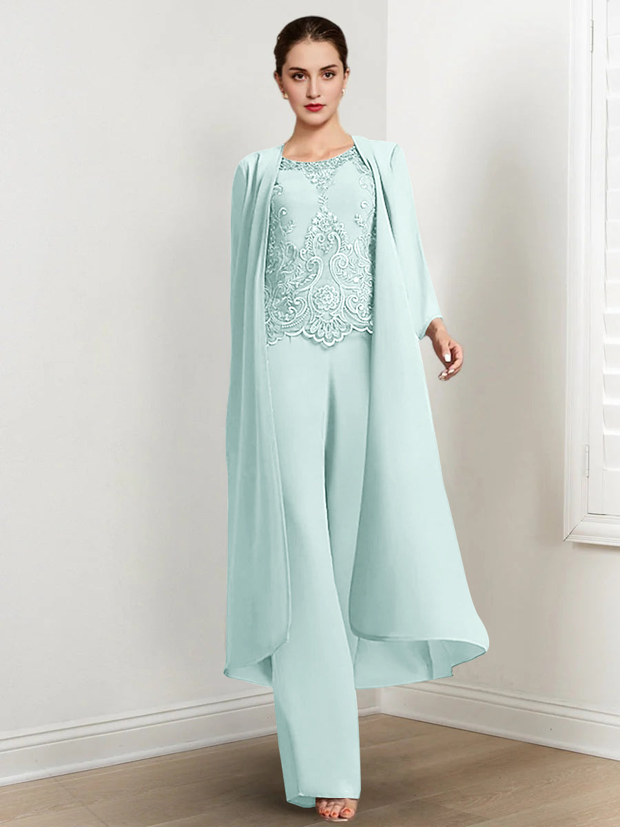 Long Round Neck Chiffon Pantsuits For The Mother Of The Bride With Jacket And Applique