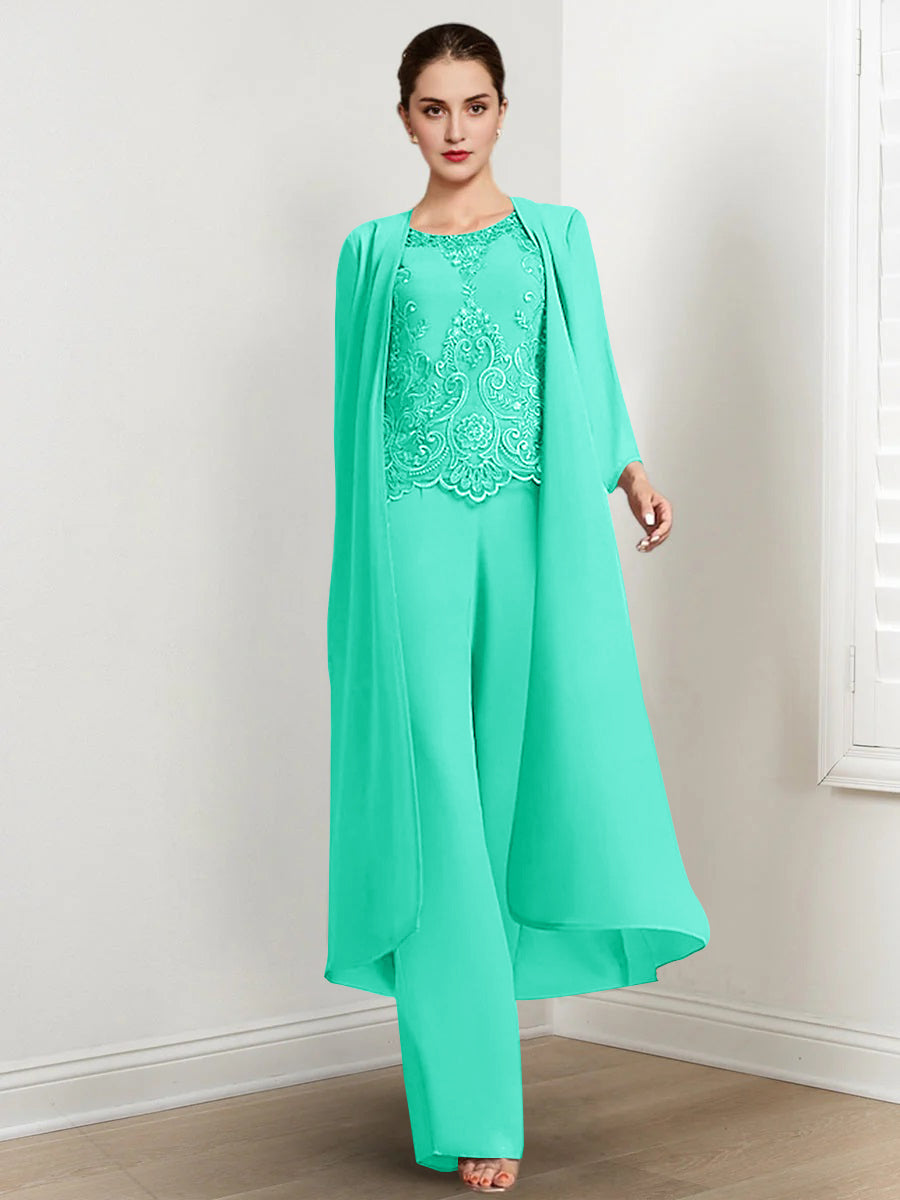 Long Round Neck Chiffon Pantsuits For The Mother Of The Bride With Jacket And Applique