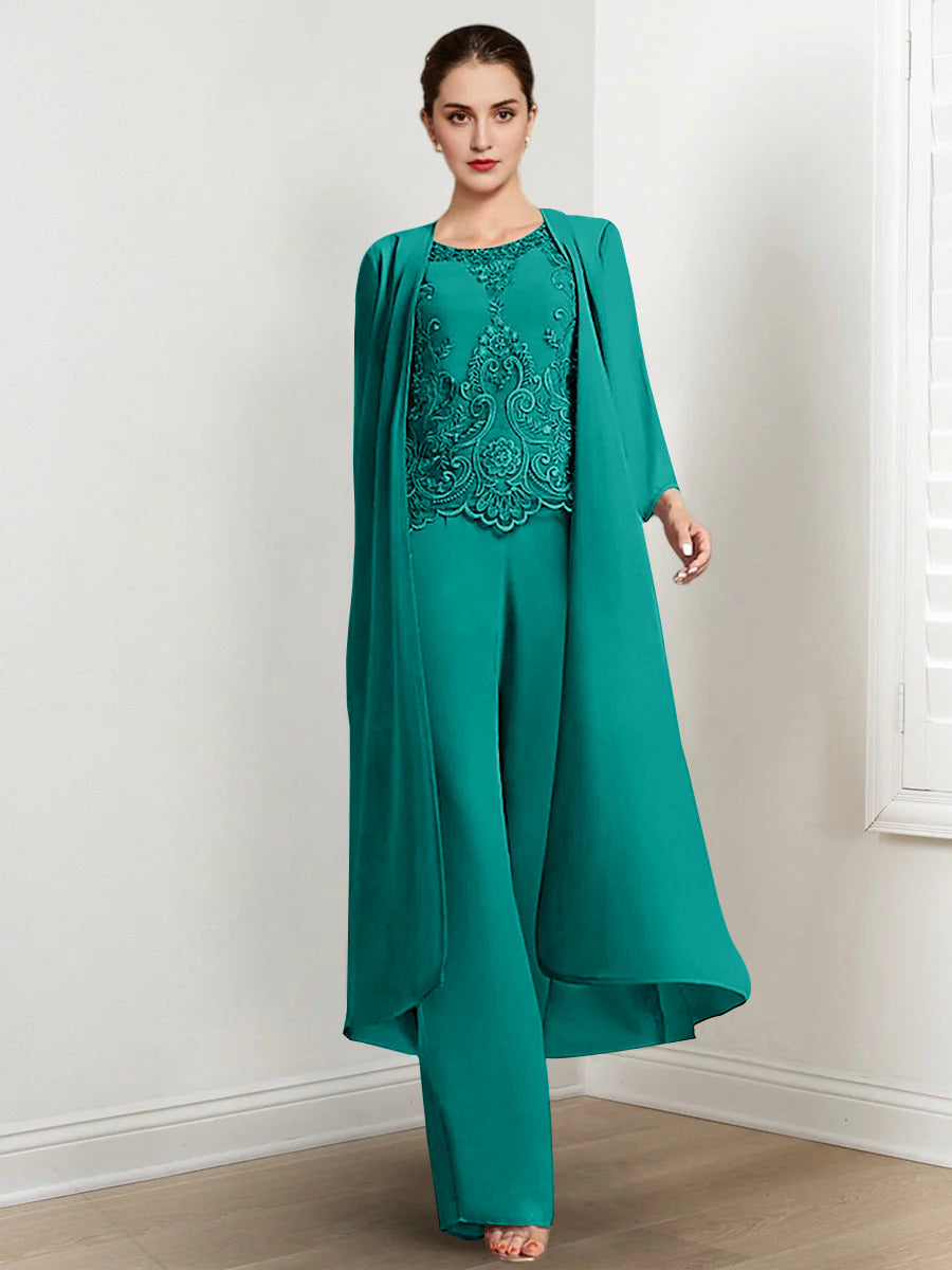 Long Round Neck Chiffon Pantsuits For The Mother Of The Bride With Jacket And Applique