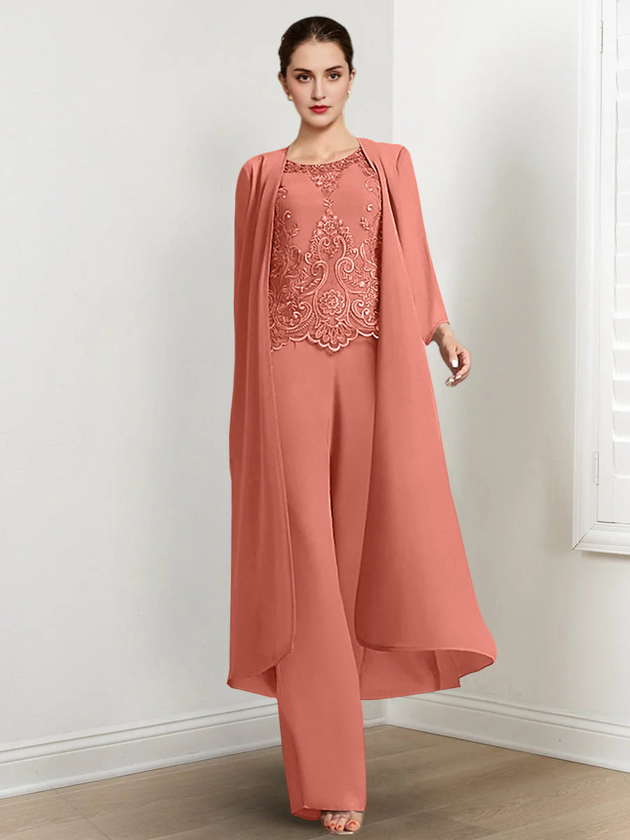 Long Round Neck Chiffon Pantsuits For The Mother Of The Bride With Jacket And Applique