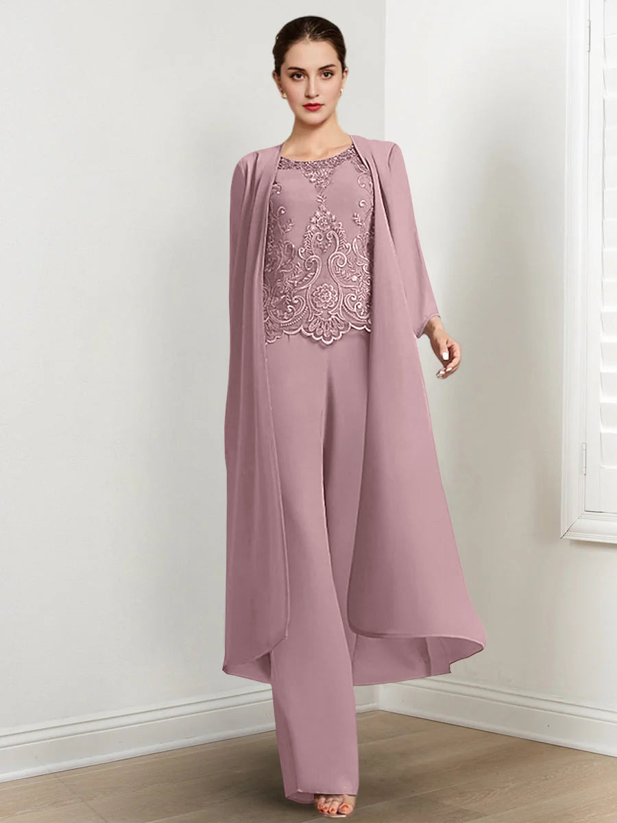 Long Round Neck Chiffon Pantsuits For The Mother Of The Bride With Jacket And Applique