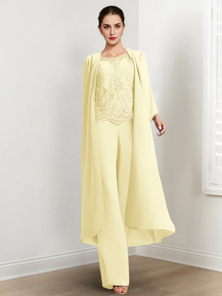 Long Round Neck Chiffon Pantsuits For The Mother Of The Bride With Jacket And Applique