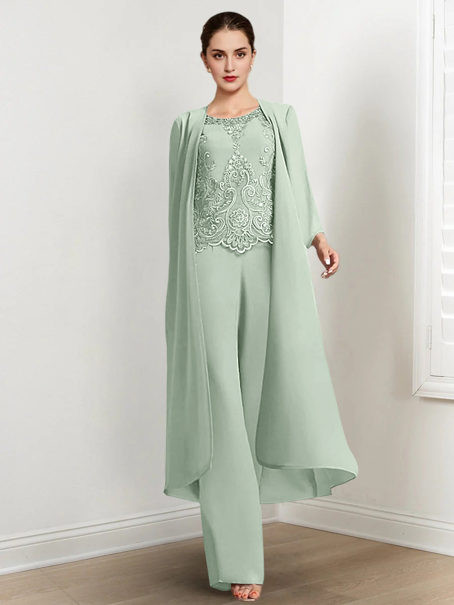Long Round Neck Chiffon Pantsuits For The Mother Of The Bride With Jacket And Applique