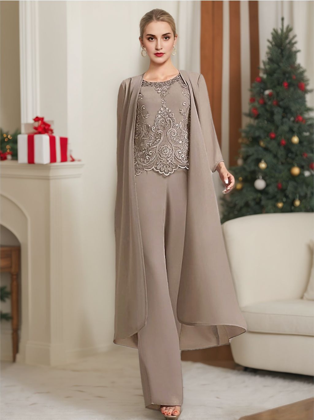 Long Round Neck Chiffon Pantsuits For The Mother Of The Bride With Jacket And Applique