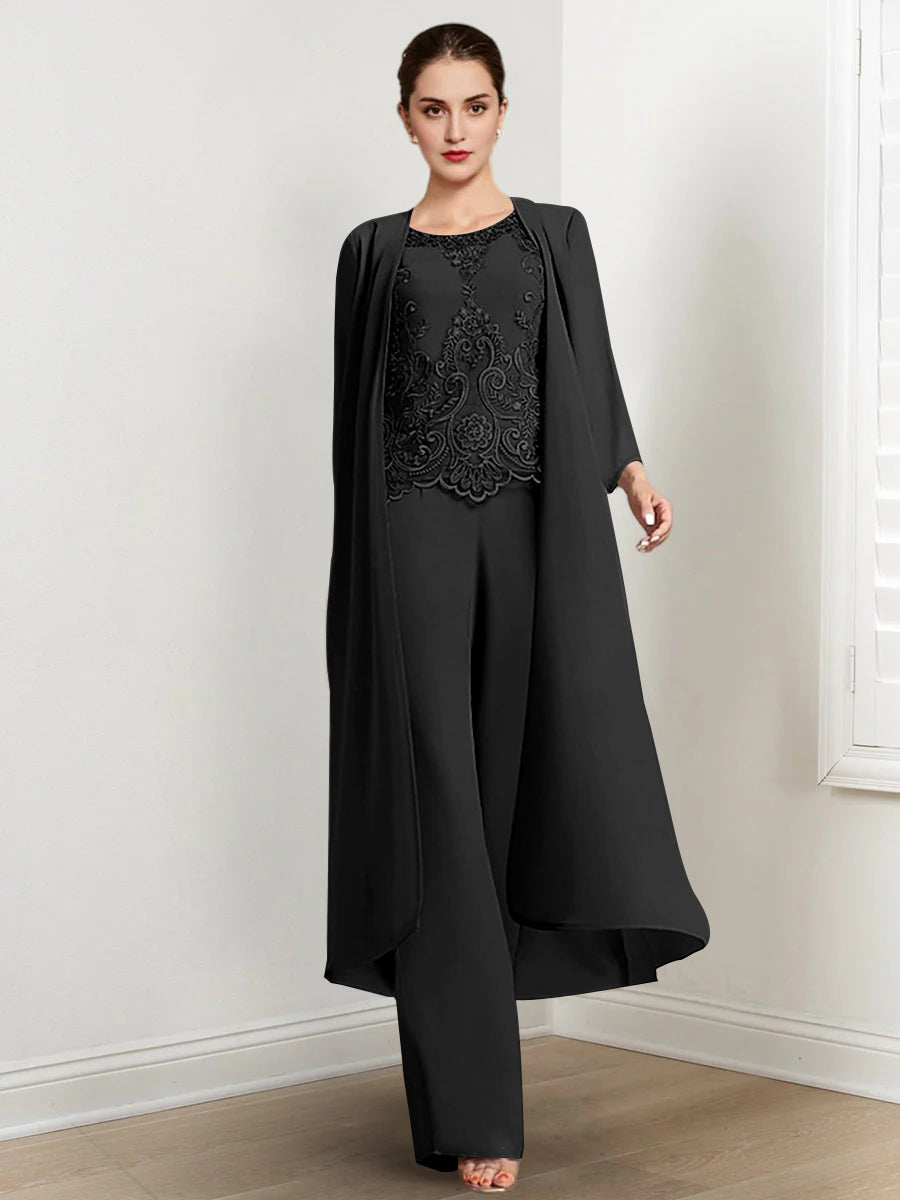 Long Round Neck Chiffon Pantsuits For The Mother Of The Bride With Jacket And Applique