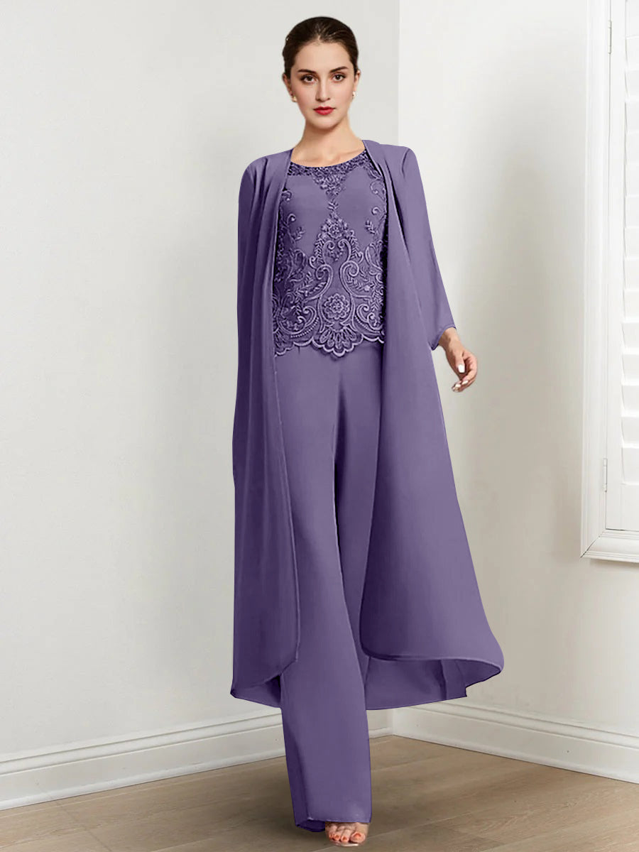 Long Round Neck Chiffon Pantsuits For The Mother Of The Bride With Jacket And Applique