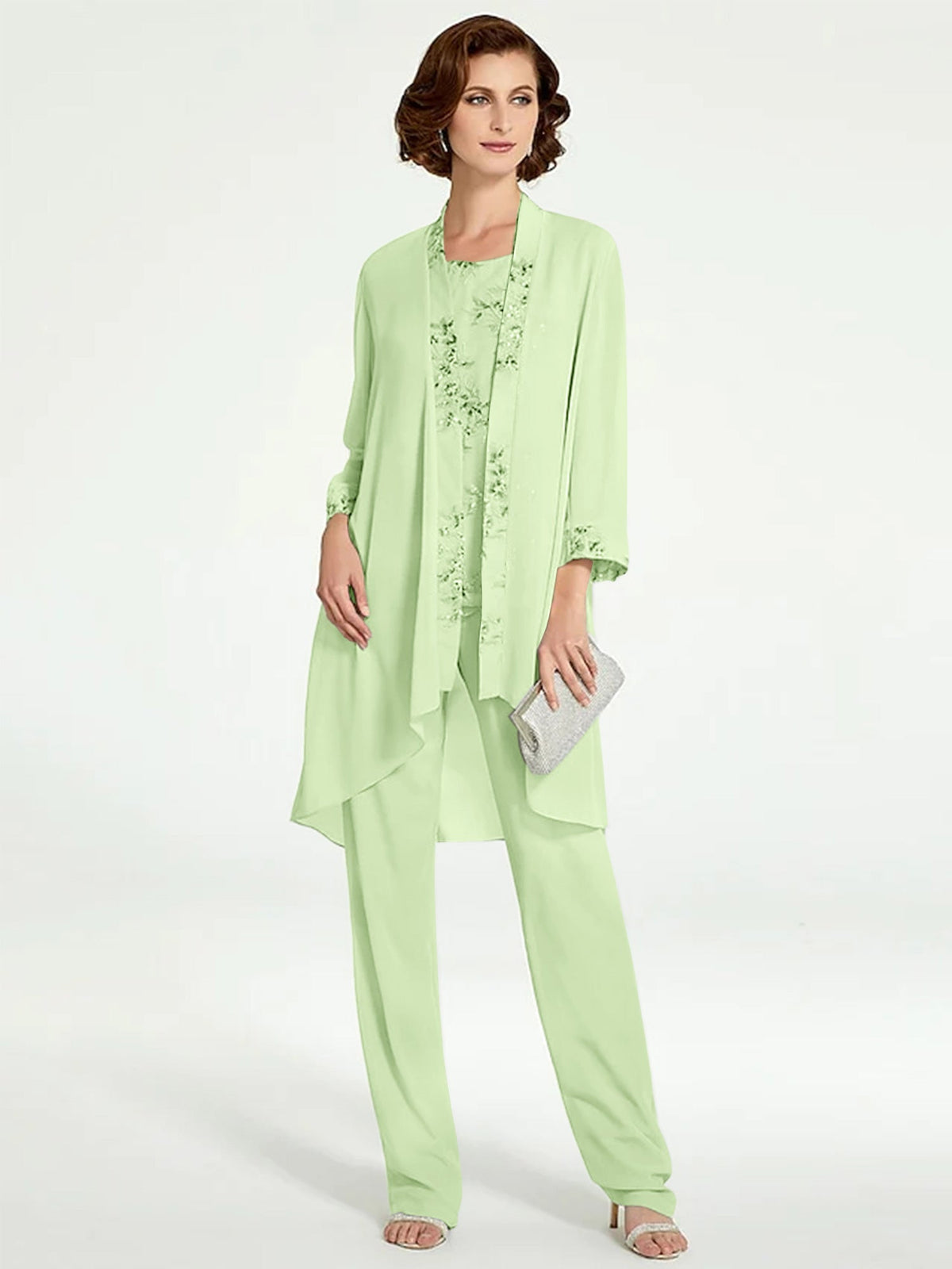Long Round Neck Chiffon Pantsuits with Jacket for the Mother of the Bride