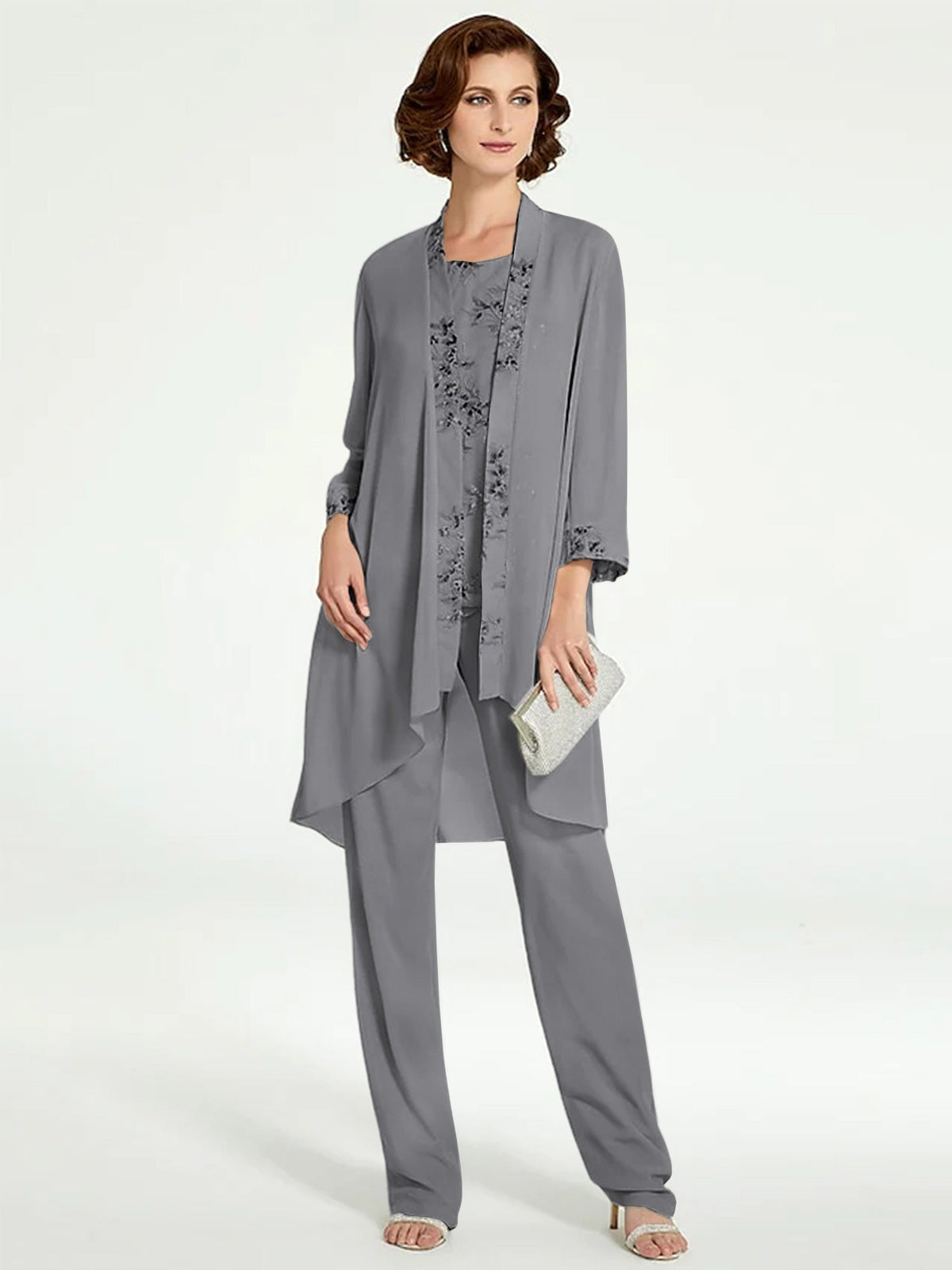Long Round Neck Chiffon Pantsuits with Jacket for the Mother of the Bride