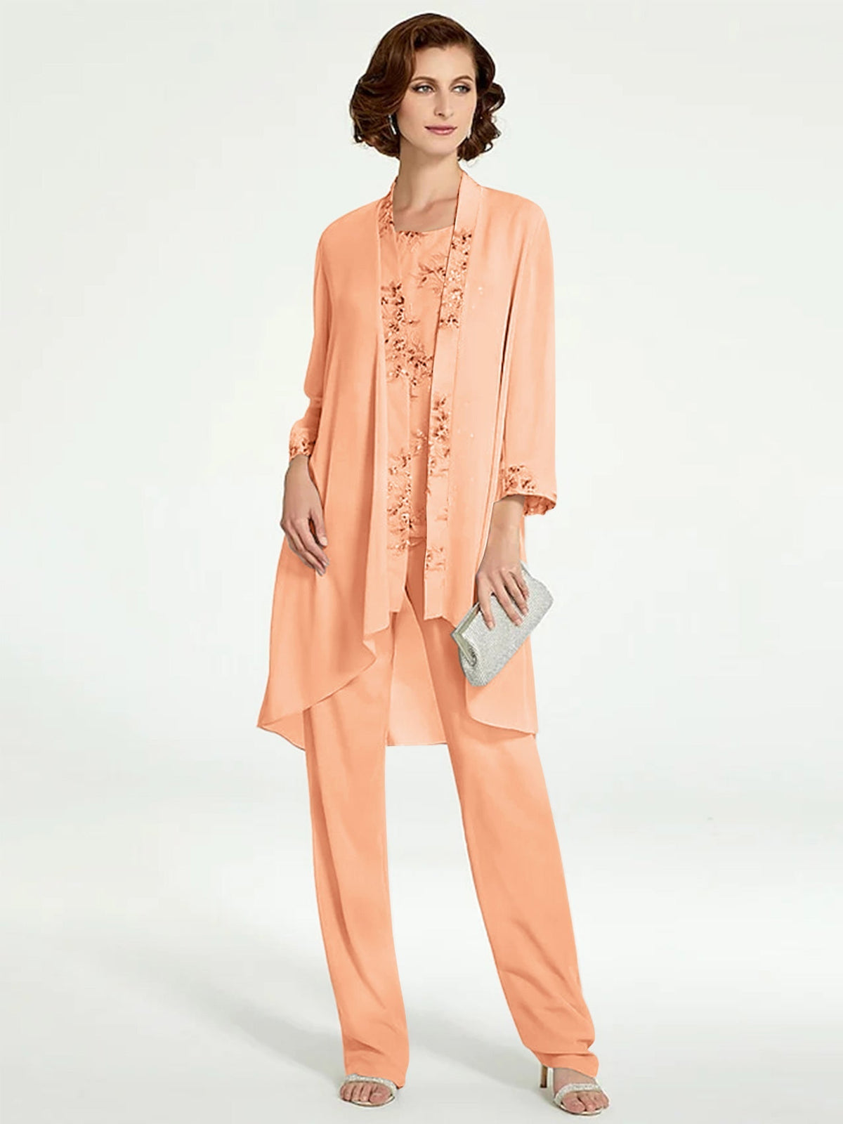 Long Round Neck Chiffon Pantsuits with Jacket for the Mother of the Bride