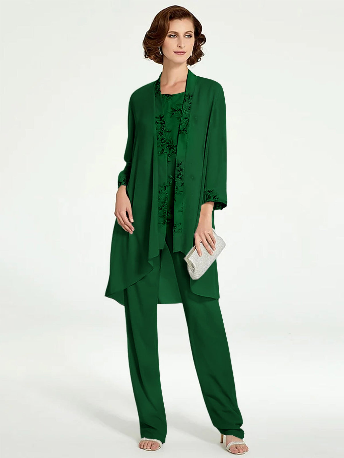 Long Round Neck Chiffon Pantsuits with Jacket for the Mother of the Bride