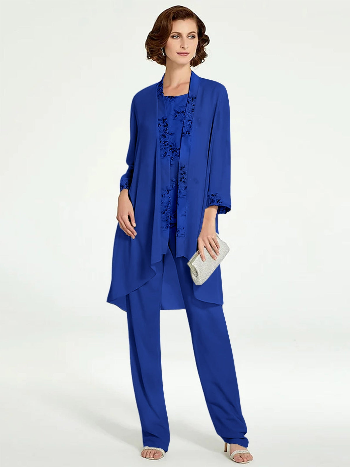 Long Round Neck Chiffon Pantsuits with Jacket for the Mother of the Bride