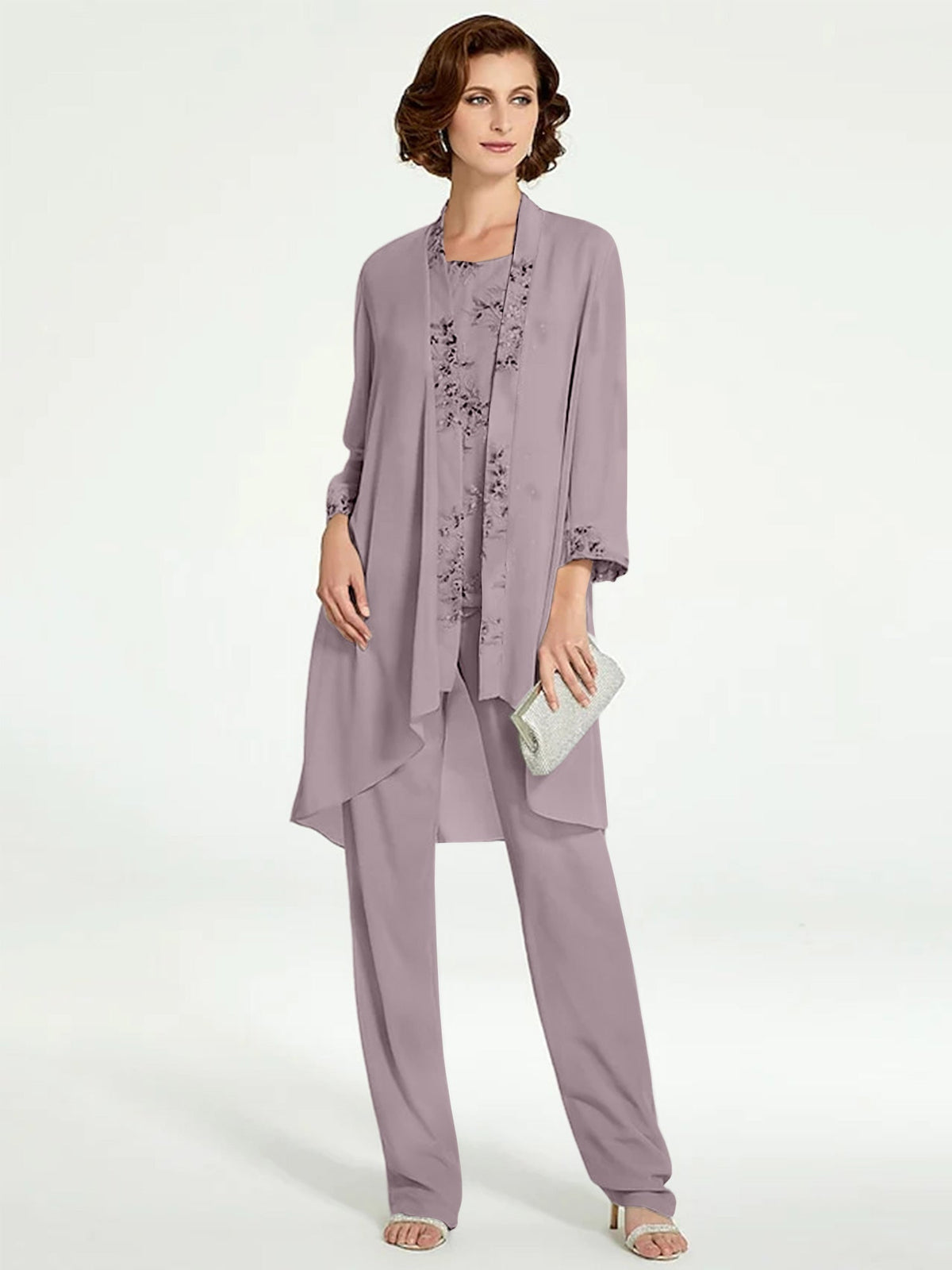 Long Round Neck Chiffon Pantsuits with Jacket for the Mother of the Bride
