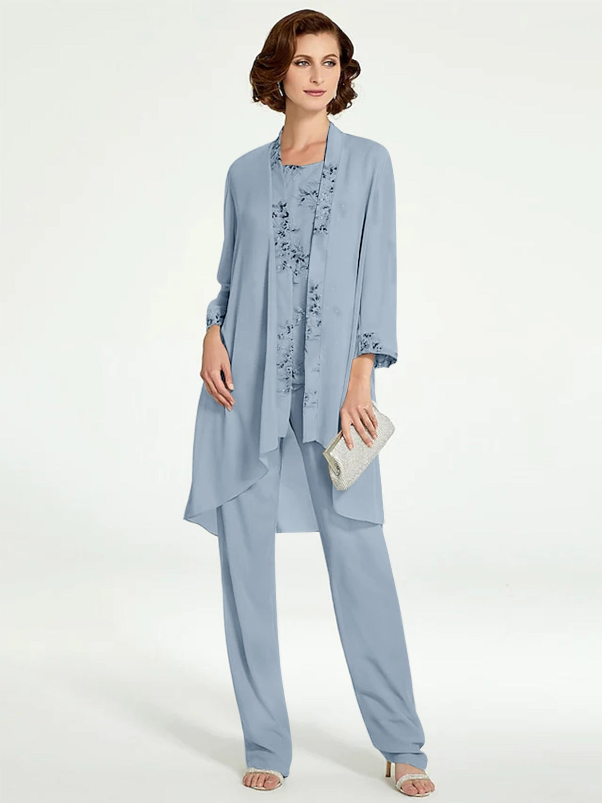 Long Round Neck Chiffon Pantsuits with Jacket for the Mother of the Bride
