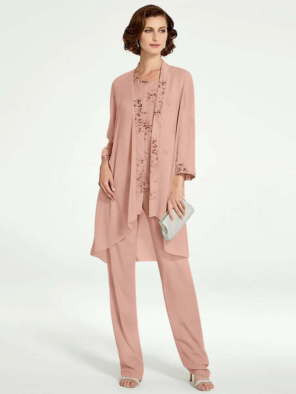 Long Round Neck Chiffon Pantsuits with Jacket for the Mother of the Bride