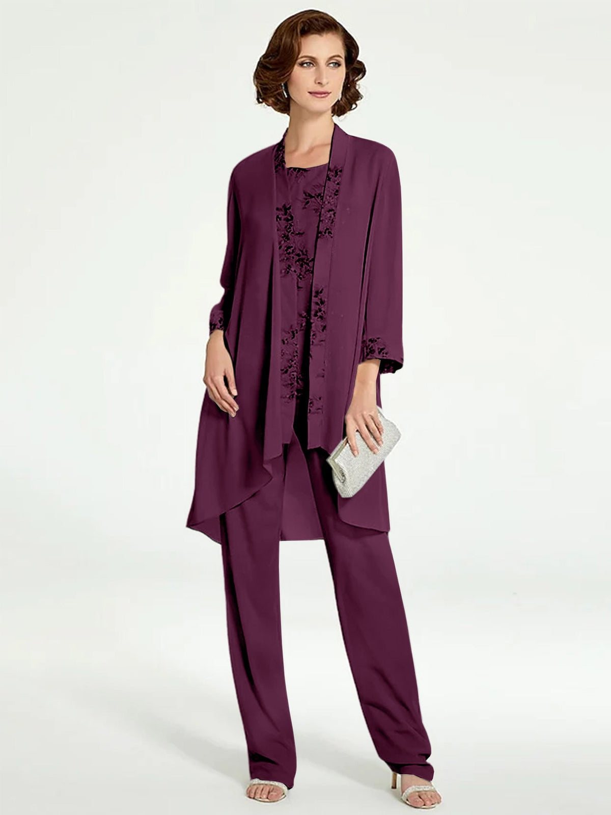 Long Round Neck Chiffon Pantsuits with Jacket for the Mother of the Bride