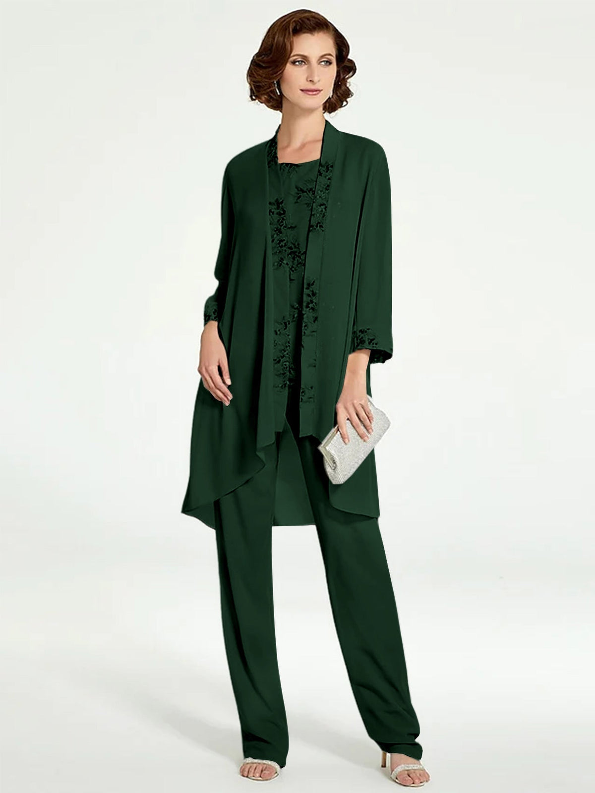 Long Round Neck Chiffon Pantsuits with Jacket for the Mother of the Bride