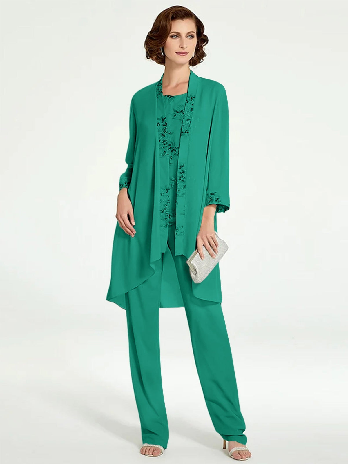 Long Round Neck Chiffon Pantsuits with Jacket for the Mother of the Bride