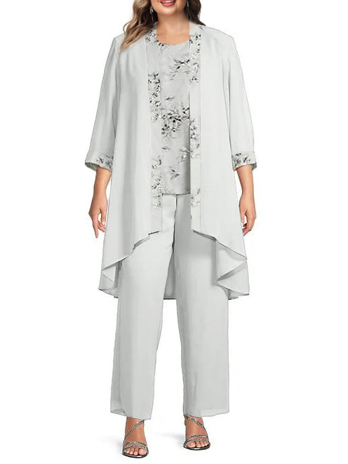 Long Round Neck Chiffon Pantsuits with Jacket for the Mother of the Bride