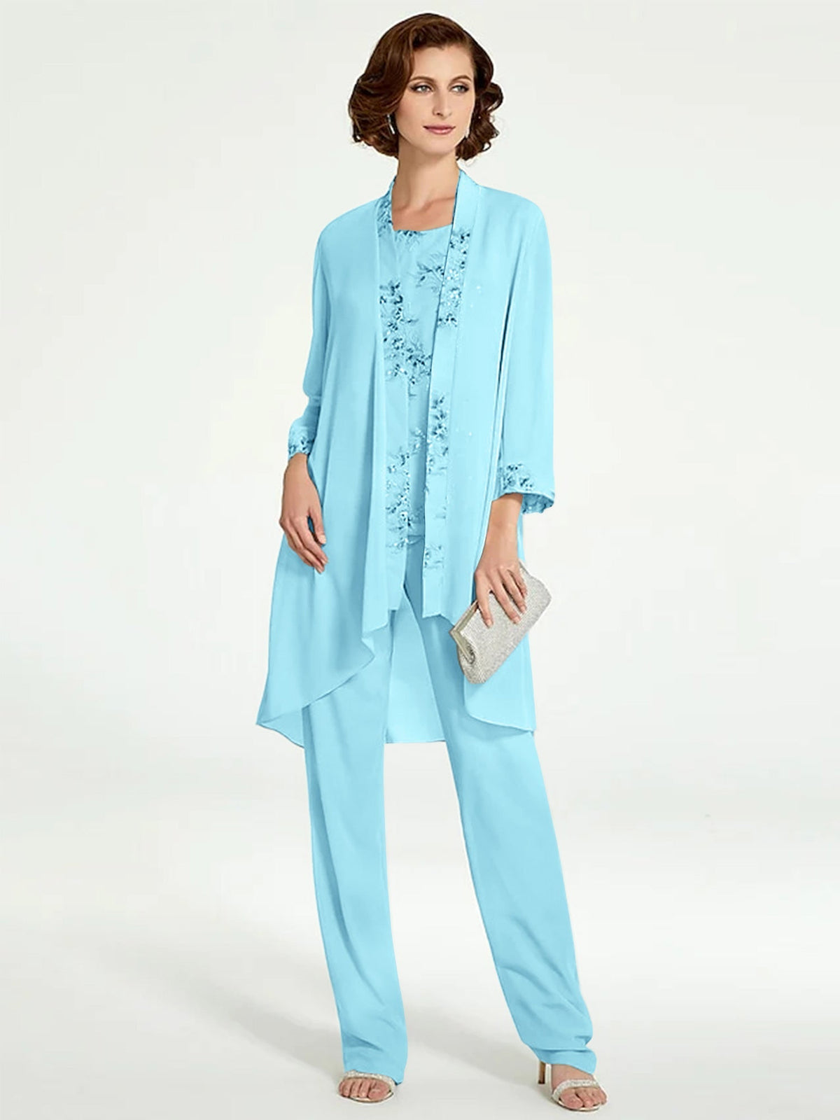 Long Round Neck Chiffon Pantsuits with Jacket for the Mother of the Bride