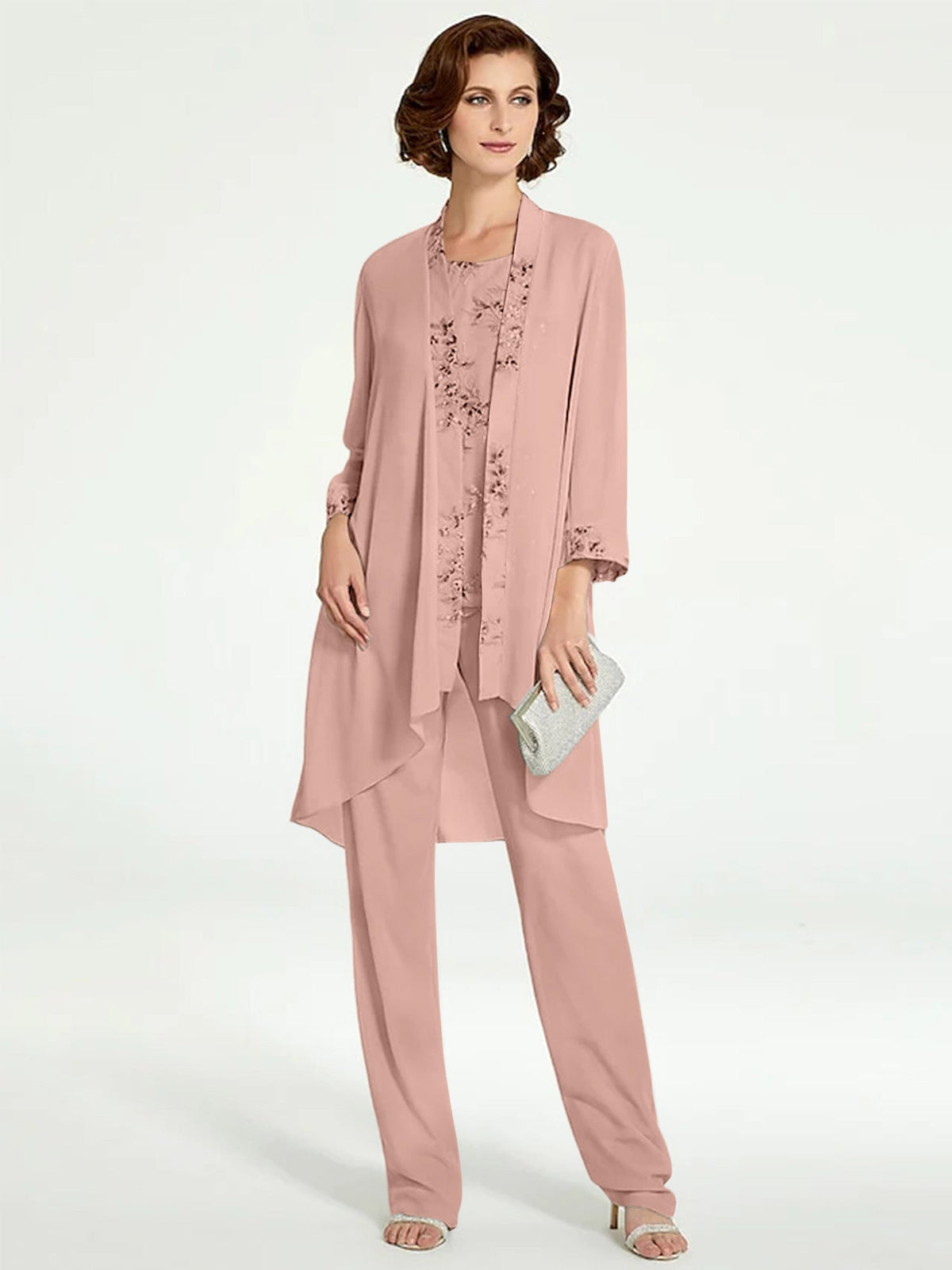 Long Round Neck Chiffon Pantsuits with Jacket for the Mother of the Bride