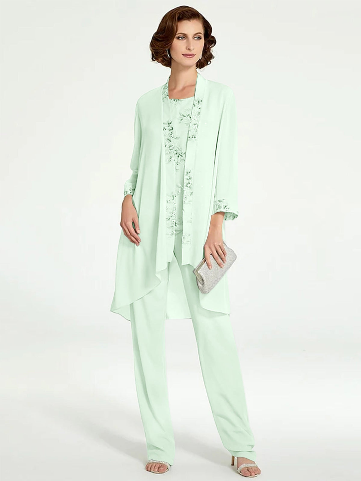 Long Round Neck Chiffon Pantsuits with Jacket for the Mother of the Bride