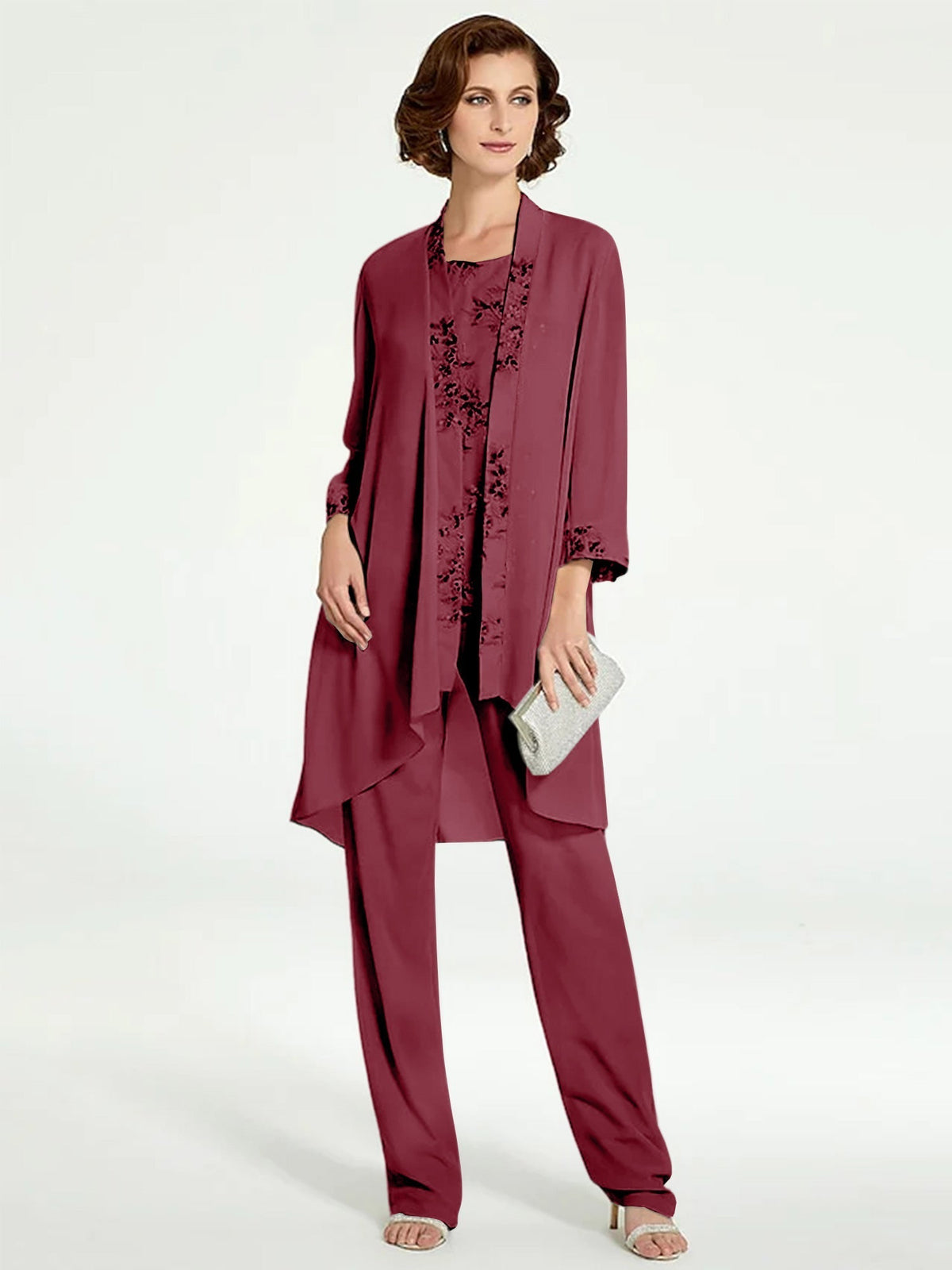 Long Round Neck Chiffon Pantsuits with Jacket for the Mother of the Bride