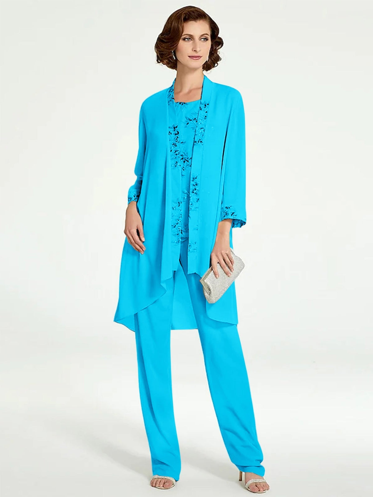 Long Round Neck Chiffon Pantsuits with Jacket for the Mother of the Bride