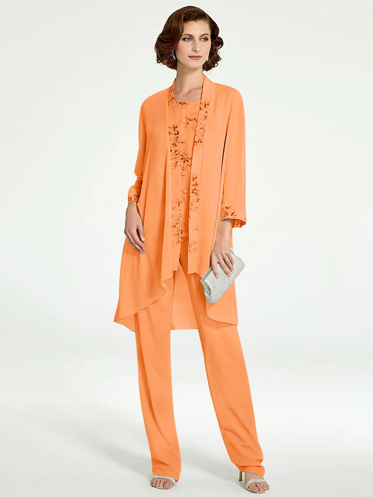 Long Round Neck Chiffon Pantsuits with Jacket for the Mother of the Bride