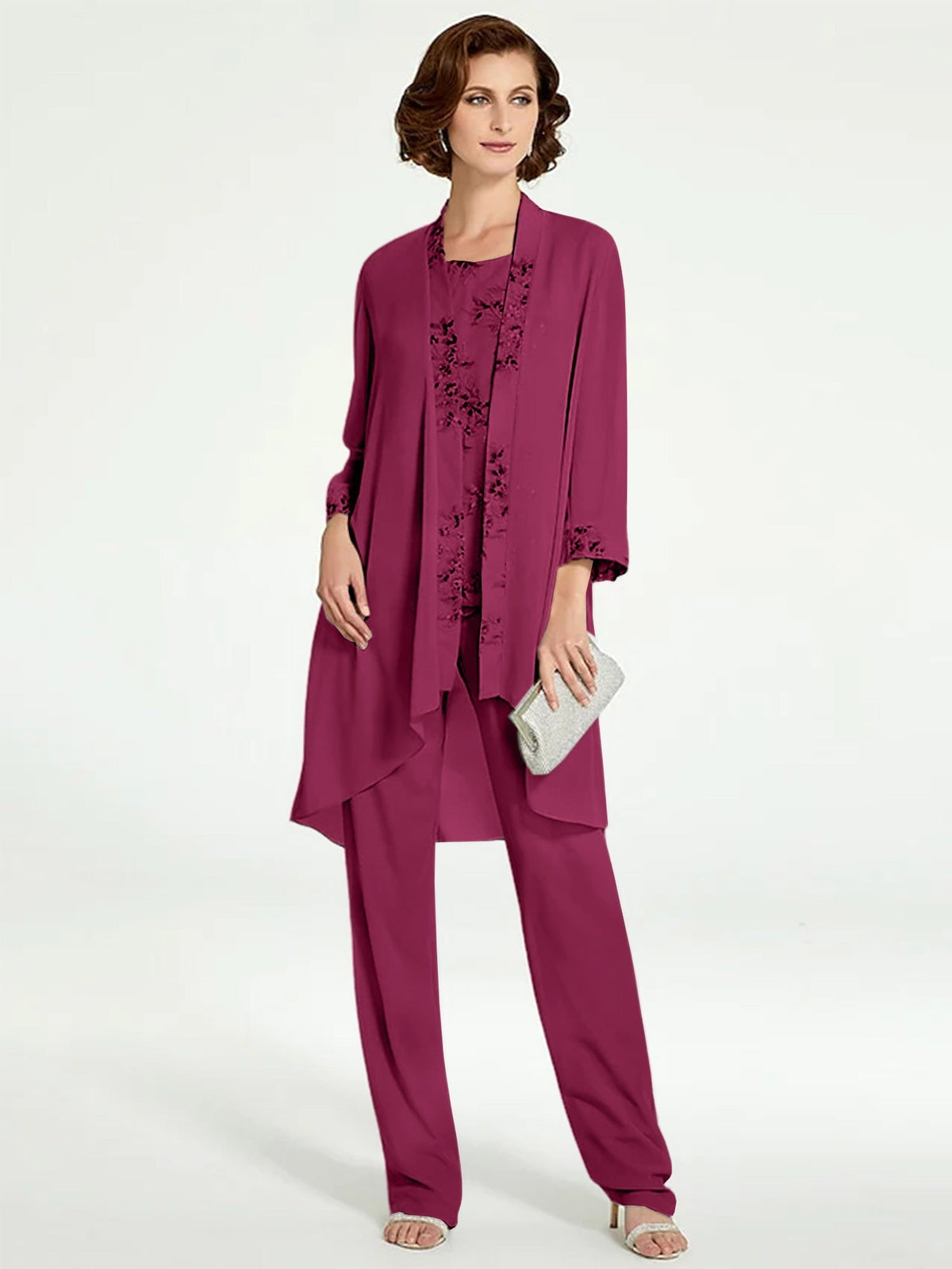 Long Round Neck Chiffon Pantsuits with Jacket for the Mother of the Bride