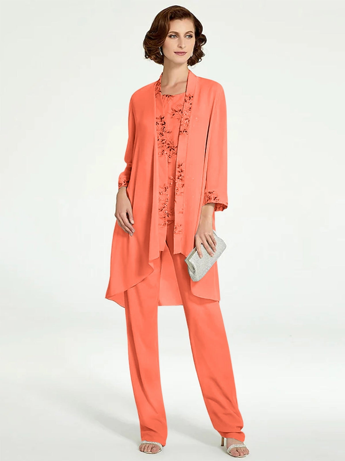 Long Round Neck Chiffon Pantsuits with Jacket for the Mother of the Bride