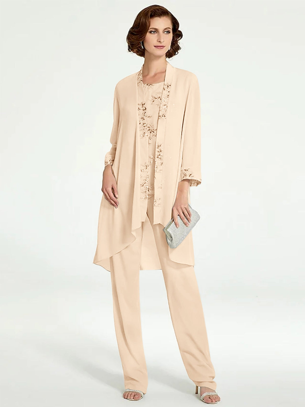 Long Round Neck Chiffon Pantsuits with Jacket for the Mother of the Bride