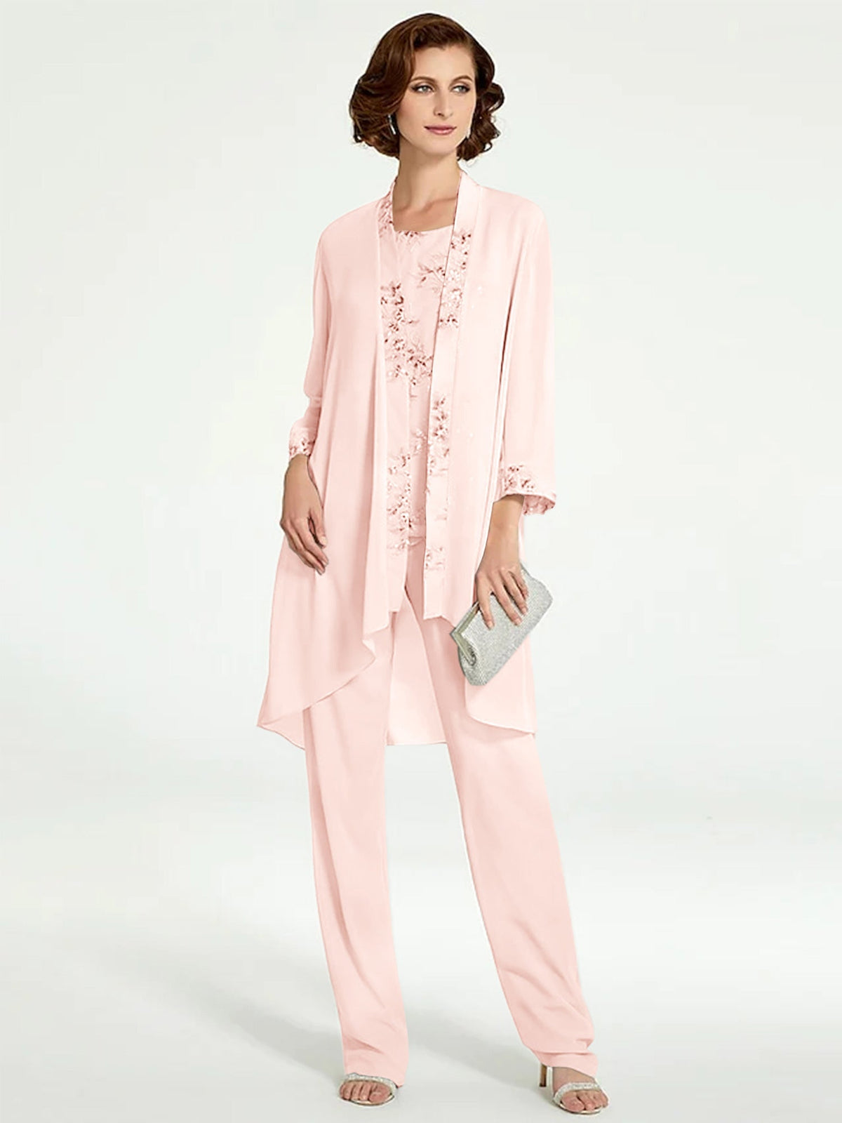 Long Round Neck Chiffon Pantsuits with Jacket for the Mother of the Bride