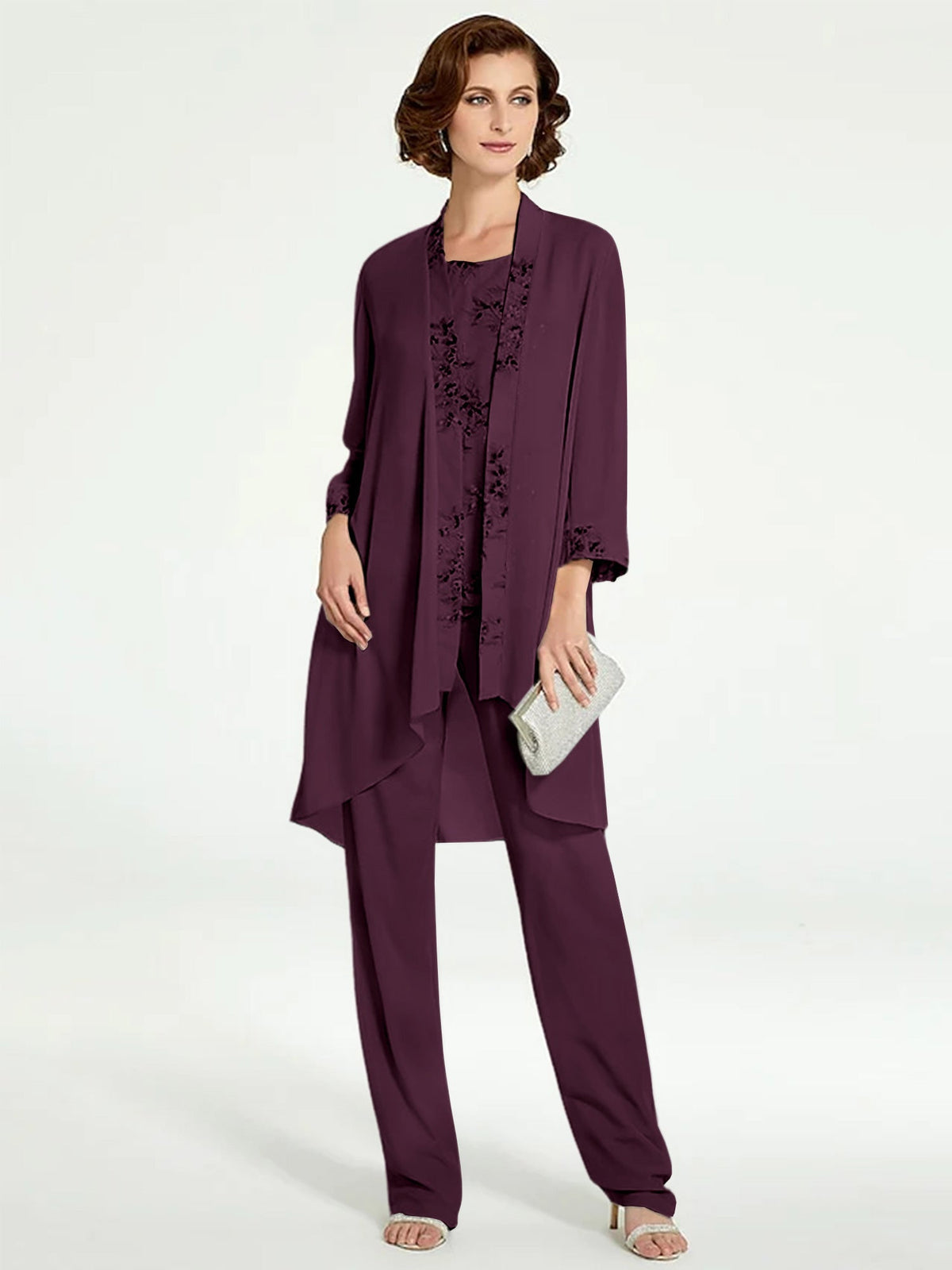Long Round Neck Chiffon Pantsuits with Jacket for the Mother of the Bride