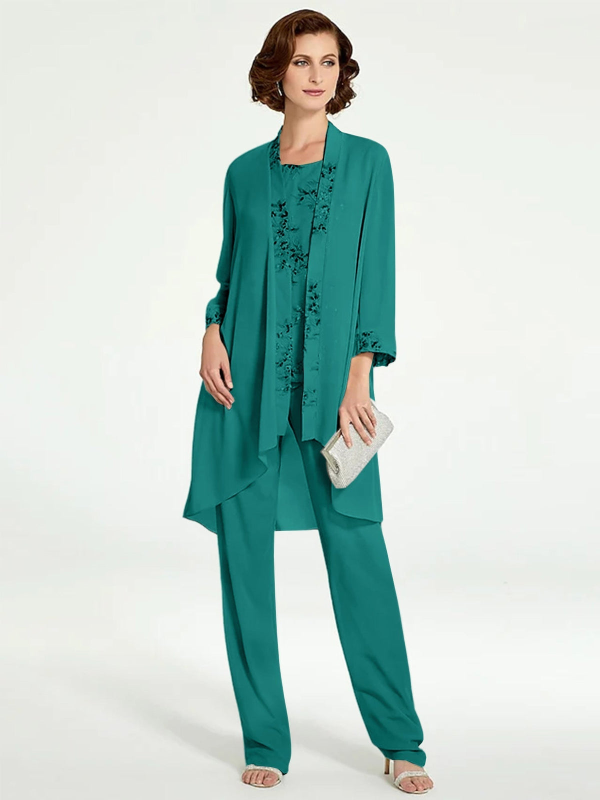 Long Round Neck Chiffon Pantsuits with Jacket for the Mother of the Bride