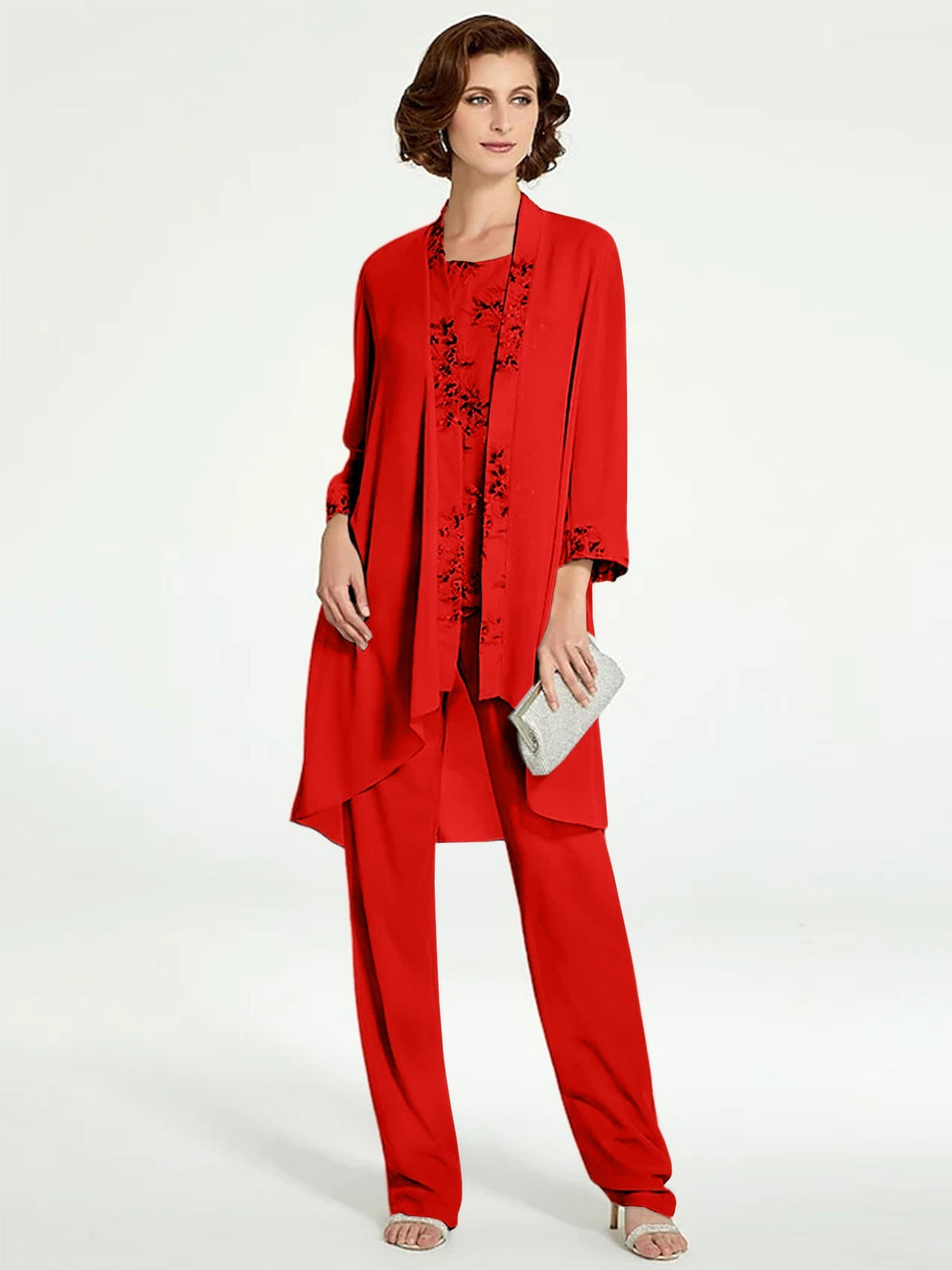 Long Round Neck Chiffon Pantsuits with Jacket for the Mother of the Bride