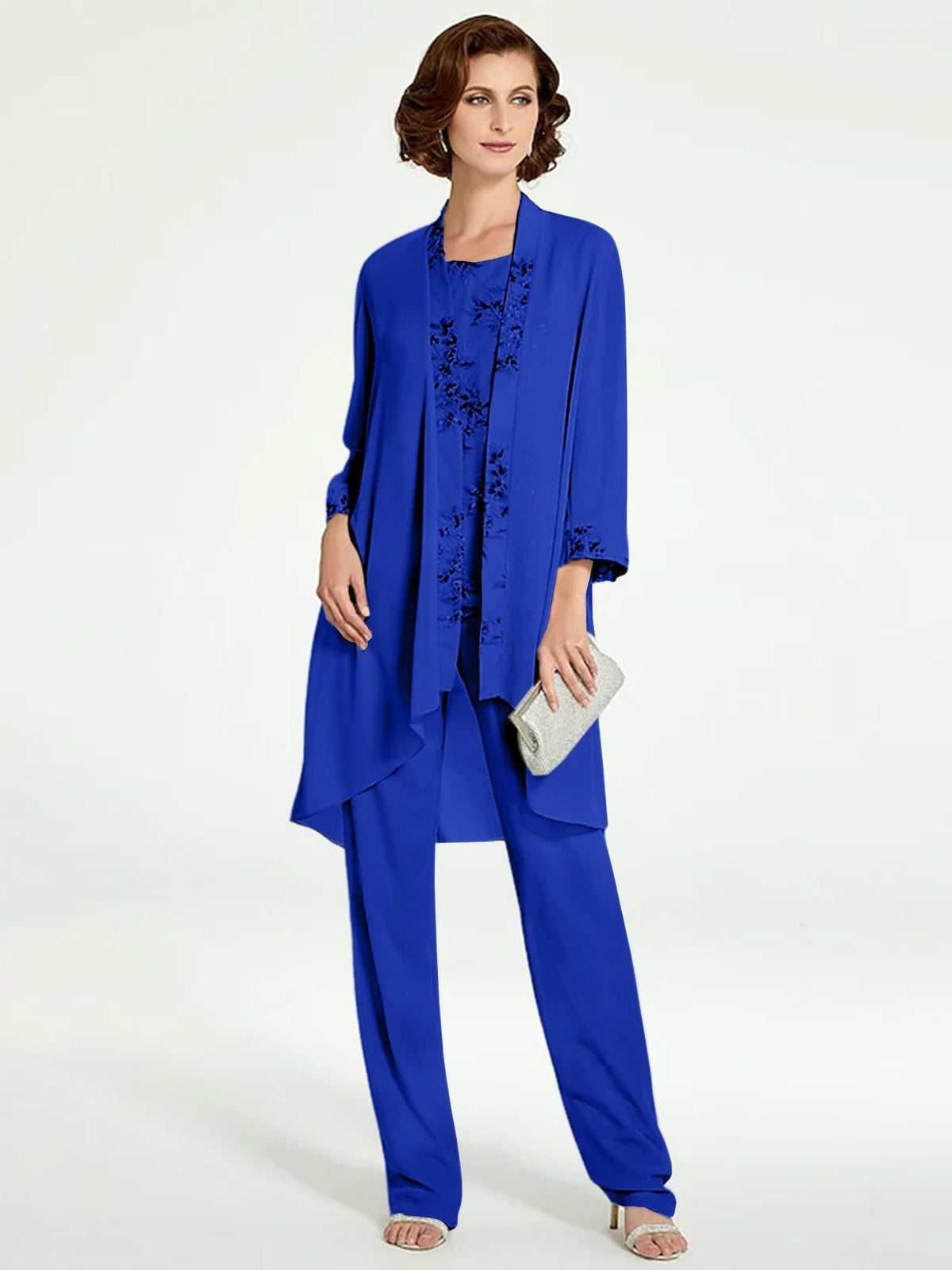 Long Round Neck Chiffon Pantsuits with Jacket for the Mother of the Bride