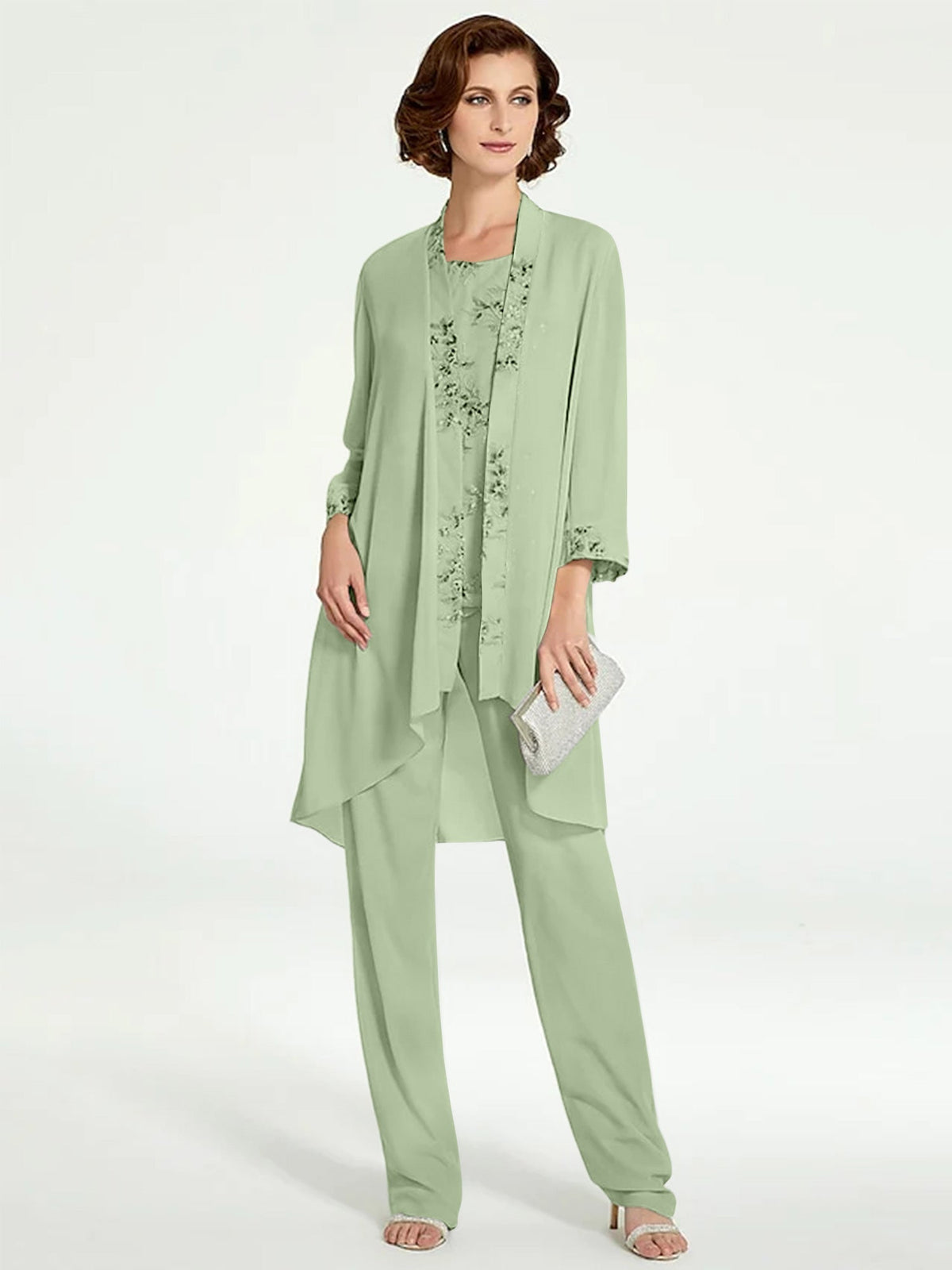 Long Round Neck Chiffon Pantsuits with Jacket for the Mother of the Bride