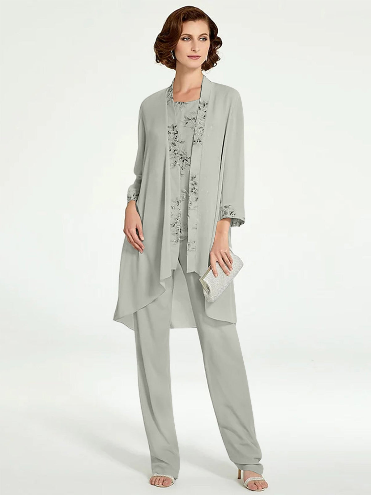 Long Round Neck Chiffon Pantsuits with Jacket for the Mother of the Bride