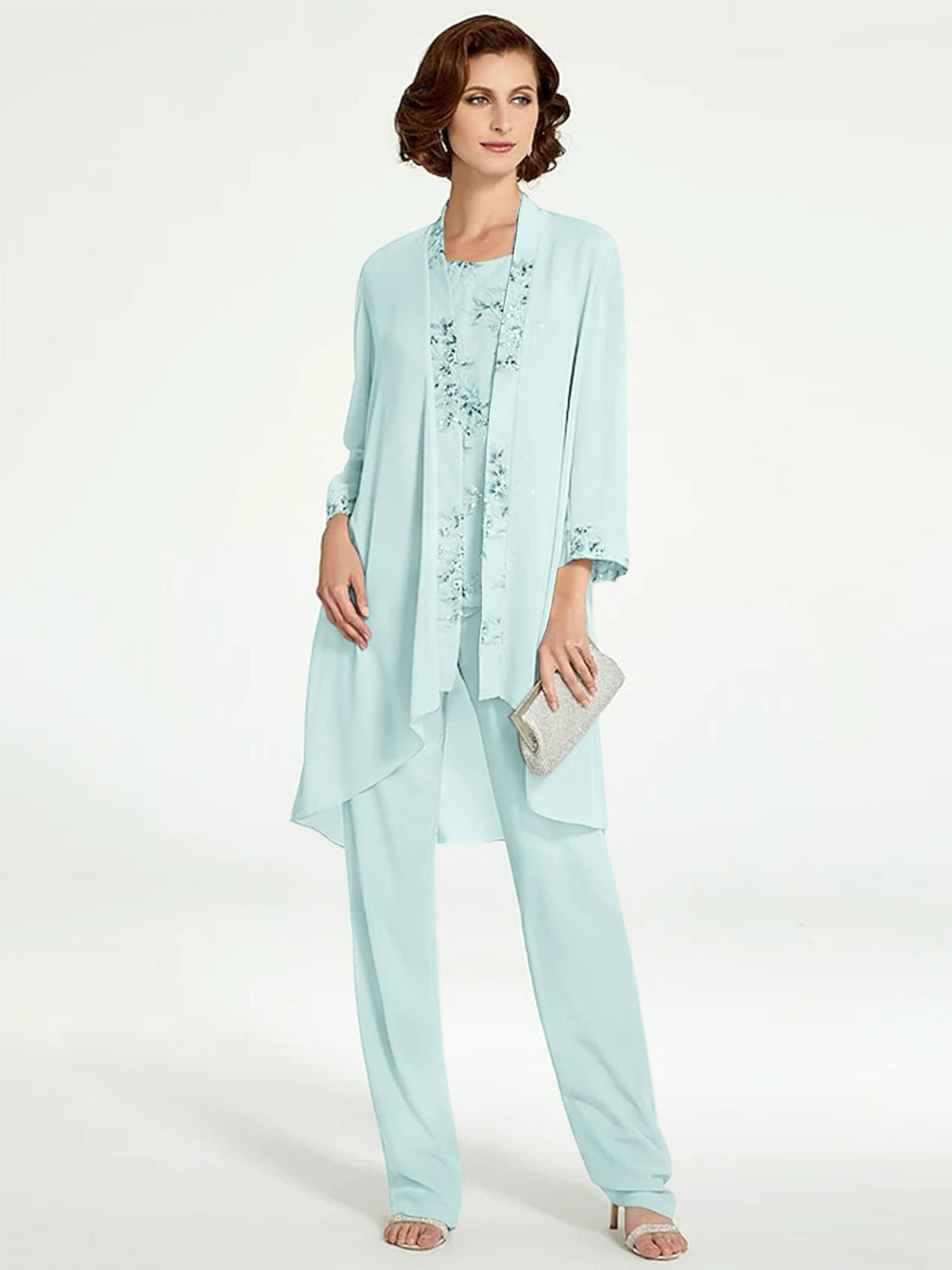 Long Round Neck Chiffon Pantsuits with Jacket for the Mother of the Bride