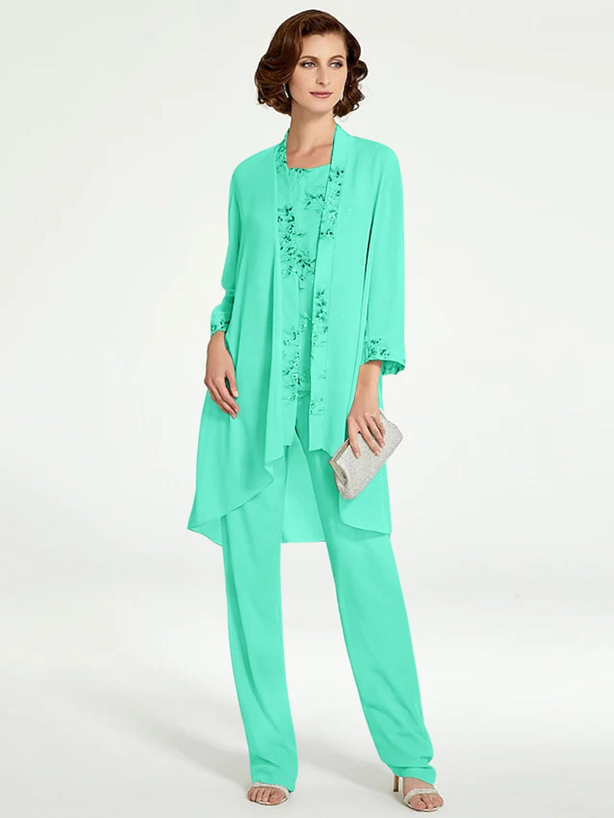 Long Round Neck Chiffon Pantsuits with Jacket for the Mother of the Bride
