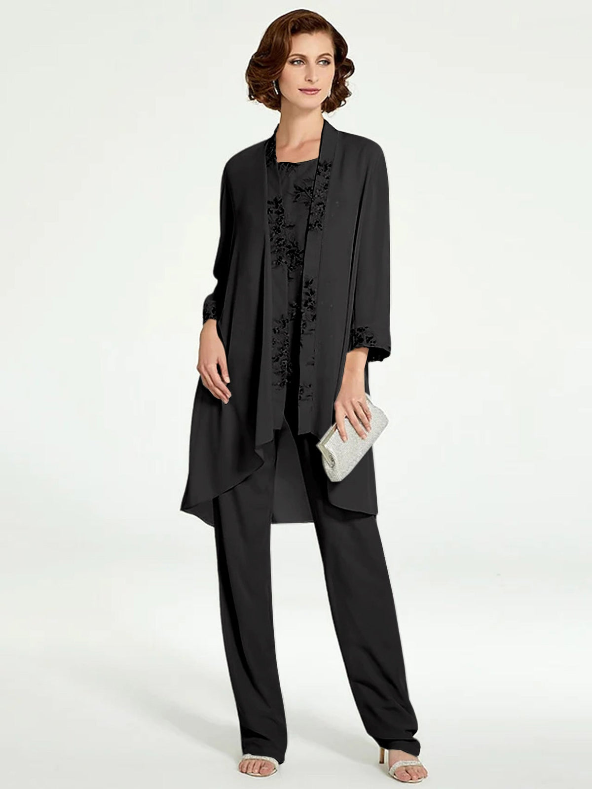 Long Round Neck Chiffon Pantsuits with Jacket for the Mother of the Bride