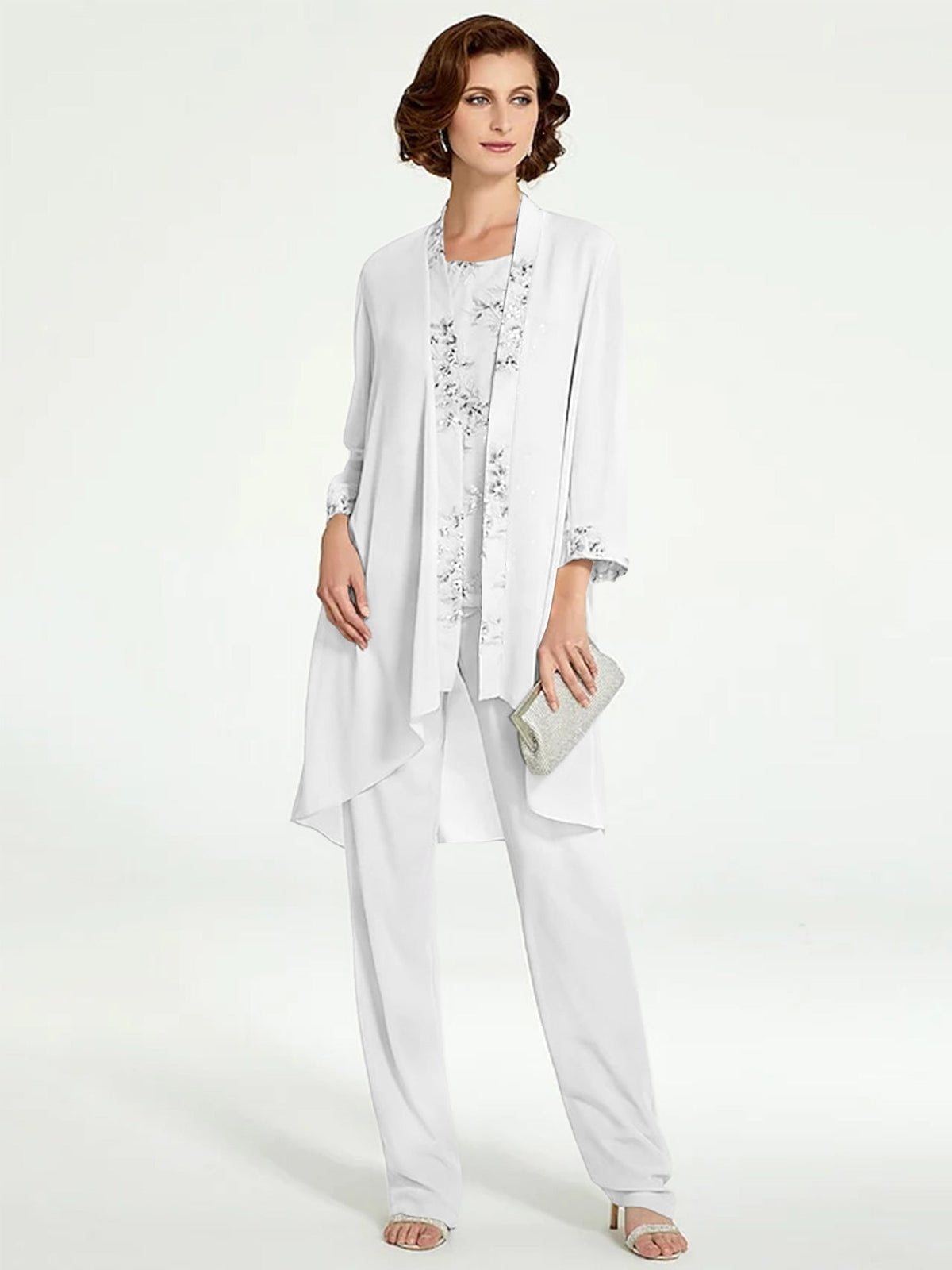 Long Round Neck Chiffon Pantsuits with Jacket for the Mother of the Bride