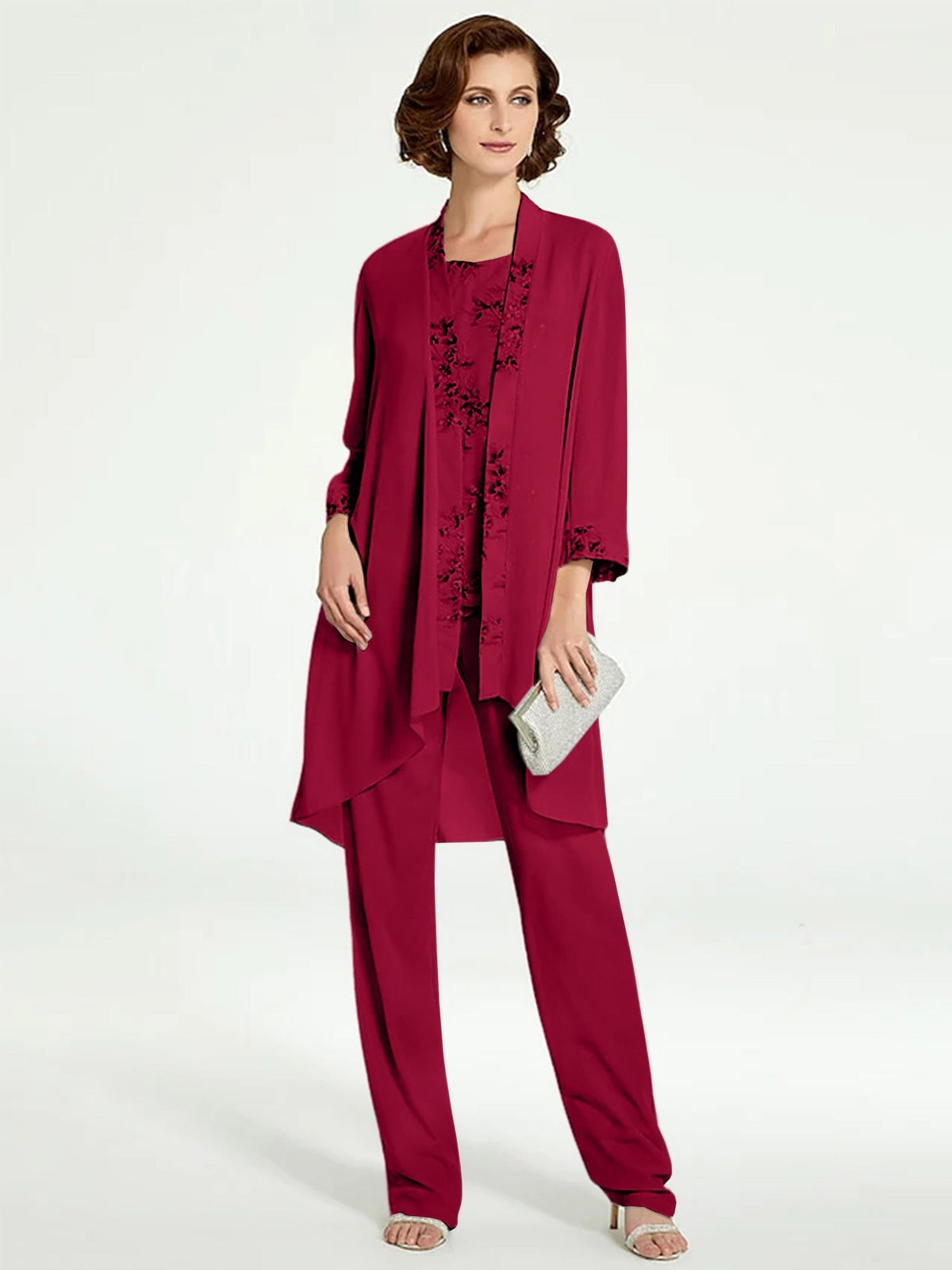 Long Round Neck Chiffon Pantsuits with Jacket for the Mother of the Bride