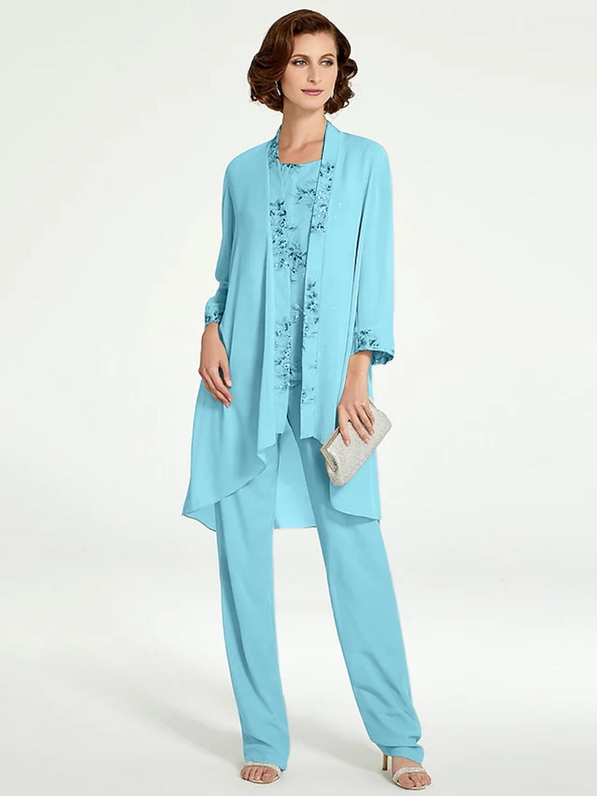 Long Round Neck Chiffon Pantsuits with Jacket for the Mother of the Bride