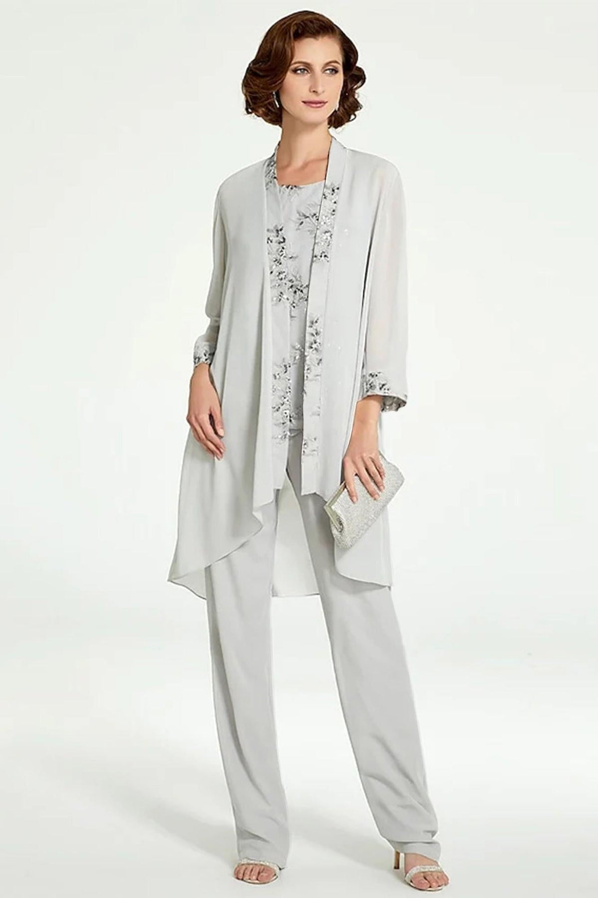Long Round Neck Chiffon Pantsuits with Jacket for the Mother of the Bride