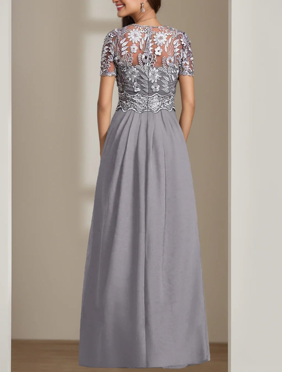 Long Round Neck Stretch Chiffon Mother of the Bride Pantsuit with Short Sleeves and Appliques Lace