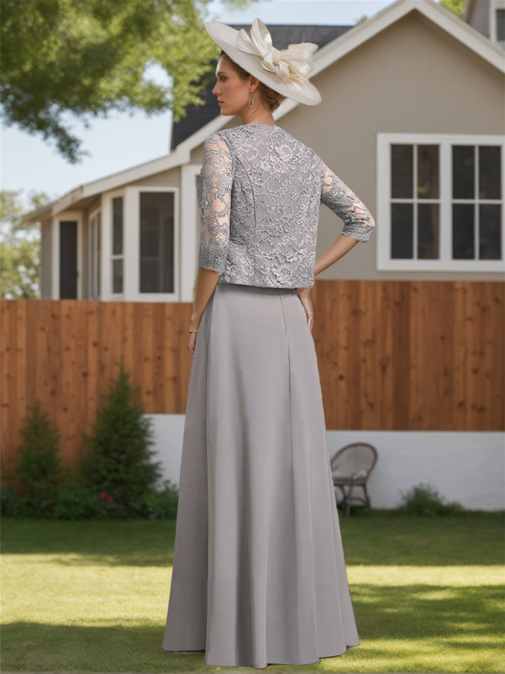 Long Scoop Neck Chiffon Gown with Lace and Half Sleeves for the Mother of the Bride