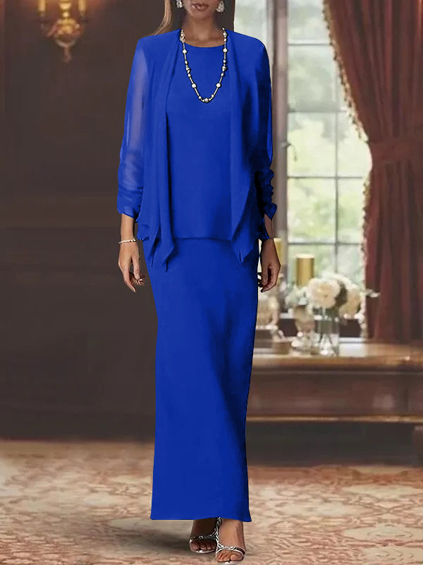 Long Scoop Neck Sheath Dress with Long Sleeves and Jacket for the Mother of the Bride