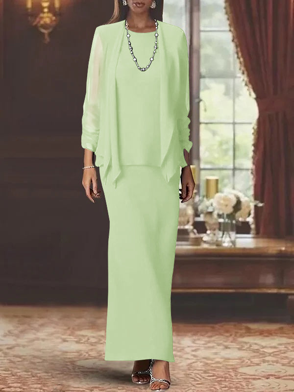 Long Scoop Neck Sheath Dress with Long Sleeves and Jacket for the Mother of the Bride