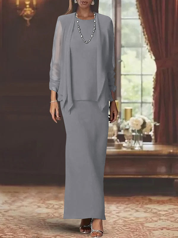 Long Scoop Neck Sheath Dress with Long Sleeves and Jacket for the Mother of the Bride